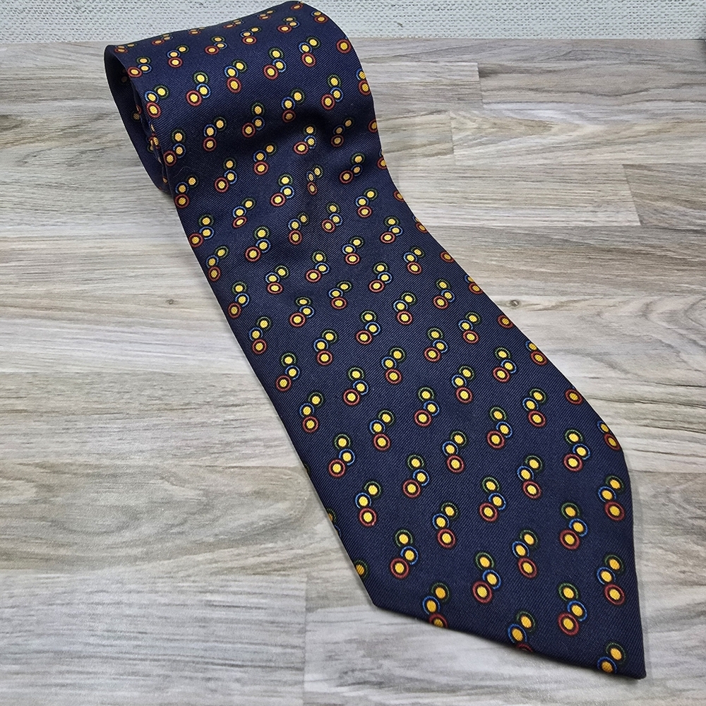 Bowring Arundel & Co navy blue 100% silk yellow gold polka dot tie 56" long